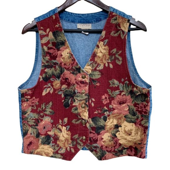 Vintage Jackets & Blazers - Vintage Stampede Vest Floral Tapestry Western Equestrian 90s Womens Size Medium